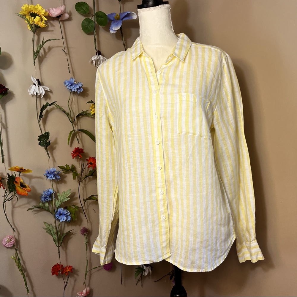 Garnet Hill European Flax Linen Yellow and White Stripe Top, Size 8